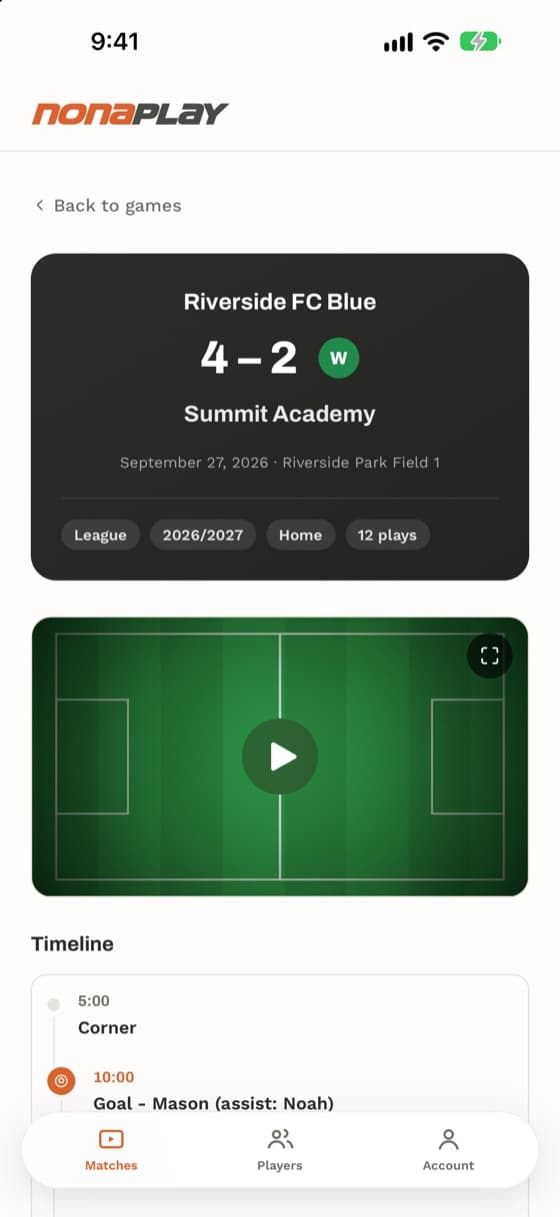 A game page with the score and a timeline of key moments
