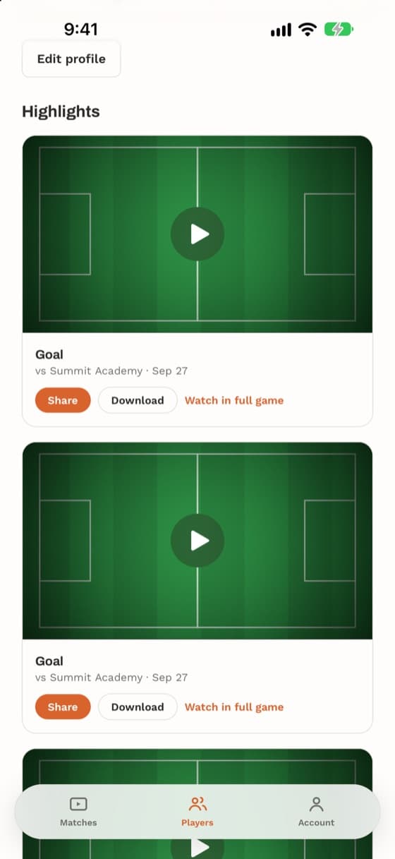 A player’s highlights: goal clips with share and download buttons